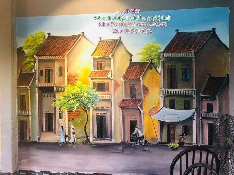 Vẽ tranh tường phố cổ Hà Nội cho quán cafe đẹp nhất hiện nay
