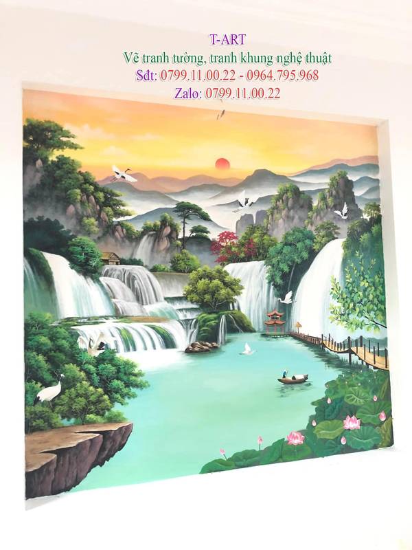 Dịch vụ vẽ tranh tường, vẽ tranh tường phòng khách, vẽ tranh tường mã đáo thành công, vẽ tranh tường sơn thủy, vẽ tranh tường đồng quê