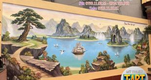 Vẽ Tranh Tường Phong Cảnh Sơn Thủy tranh sơn thủy hữu tình, vẽ thuận buồm xuôi gió, vẽ phong thủy trên tường, tranh núi non sông nước, vẽ tường phong thủy tài lộc, tranh thuyền buồm đẹp