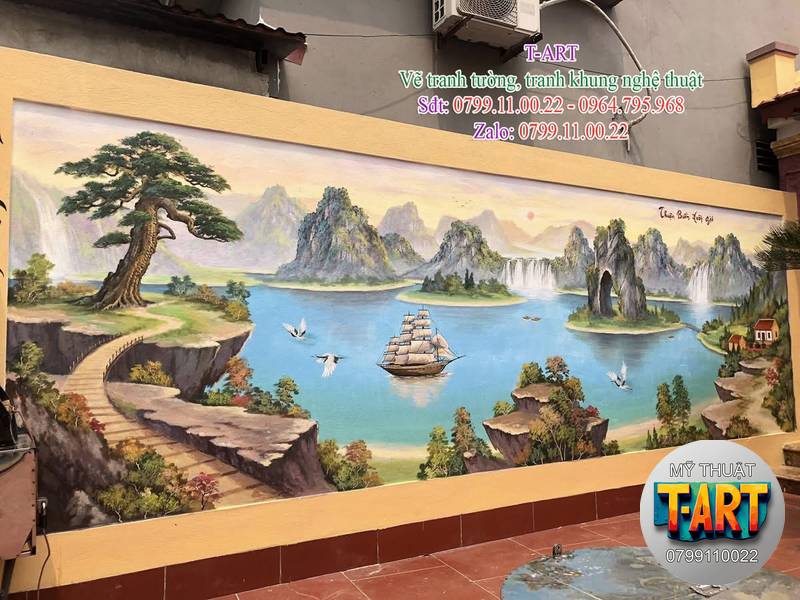 Vẽ Tranh Tường Phong Cảnh Sơn Thủy tranh sơn thủy hữu tình, vẽ thuận buồm xuôi gió, vẽ phong thủy trên tường, tranh núi non sông nước, vẽ tường phong thủy tài lộc, tranh thuyền buồm đẹp
