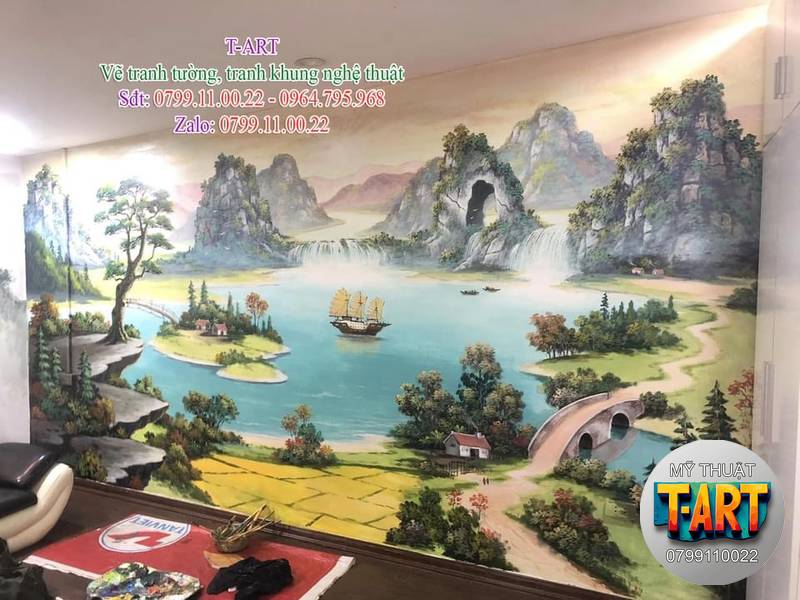 Vẽ Tranh Tường Phong Cảnh Sơn Thủy tranh sơn thủy hữu tình, vẽ thuận buồm xuôi gió, vẽ phong thủy trên tường, tranh núi non sông nước, vẽ tường phong thủy tài lộc, tranh thuyền buồm đẹp